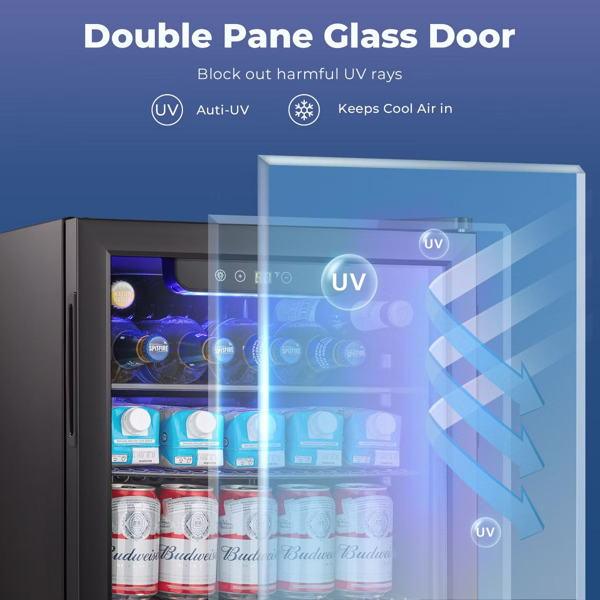 R.W.FLAME 95 Can Beverage Cooler,Compact Fridge for Soda,Clear Glass Door,Quiet Compressor,Adjustable Temperature,Freestanding,2.4 Cu.ft