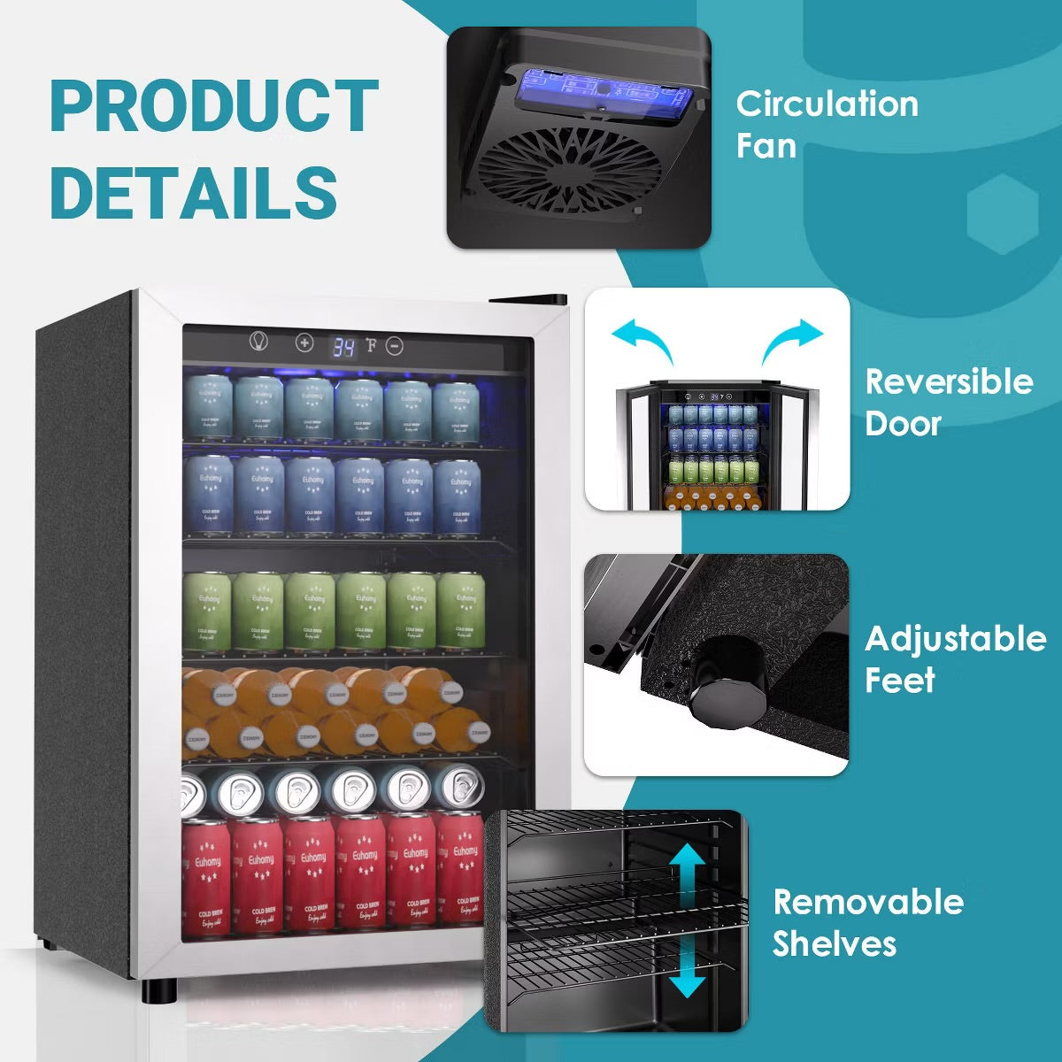 Simzlife Compact Beverage Refrigerator-4.5 Cu.ft/145 Cans, Mini Fridge with Reversible Glass Door&LED Light, Removable Shelves, Quiet&Energy Efficient
