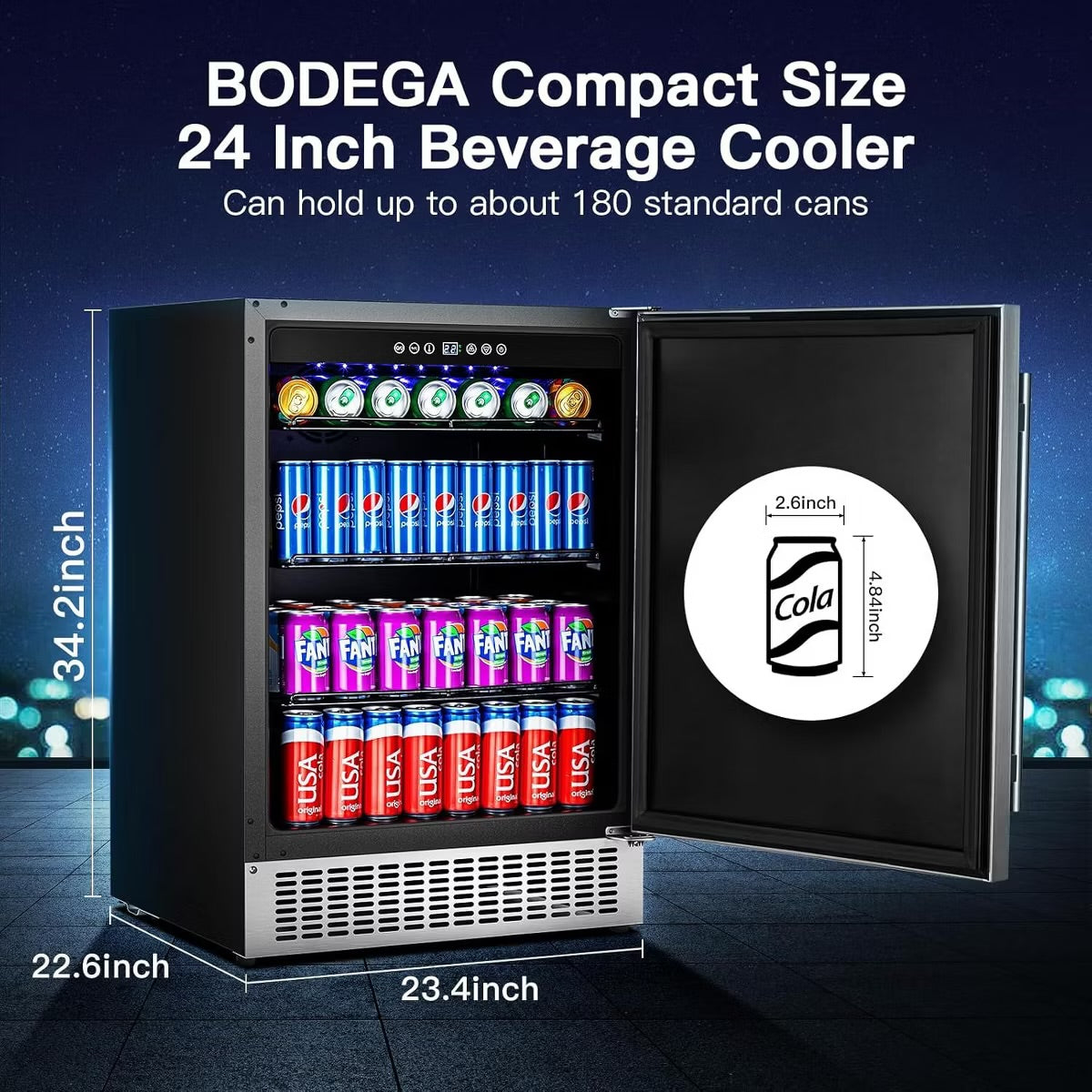 24-inch fridge,180 Cans,304 Stainless Steel Door,LED light,Adjustable shelves,Quiet Compressor,Smart digital control cooler,Automatic defrosting