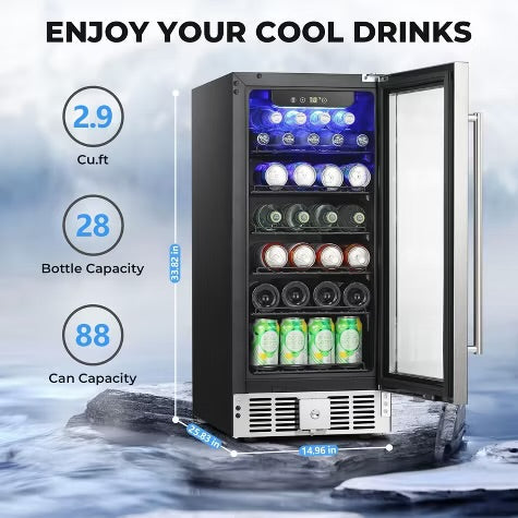R.W.FLAME 15-Inch 115-Can Beverage Fridge, 2.9 Cu.Ft Cooler with Safety Lock, Low Noise, Transparent Glass Door with Stainless Steel Handle