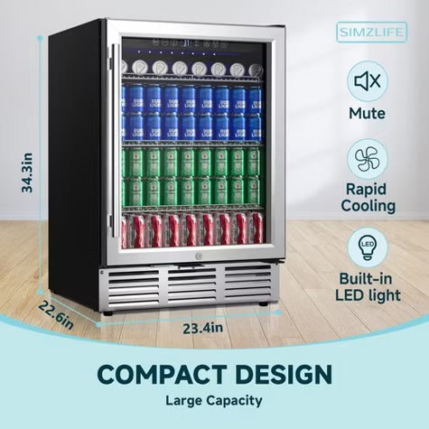 Simzlife 4.65 Cu.Ft/180 Cans Mini Beverage Refrigerator, Fridge Cooler with Glass Door, Adjustable Shelves, Digital Control,LED Light, Reversible Door