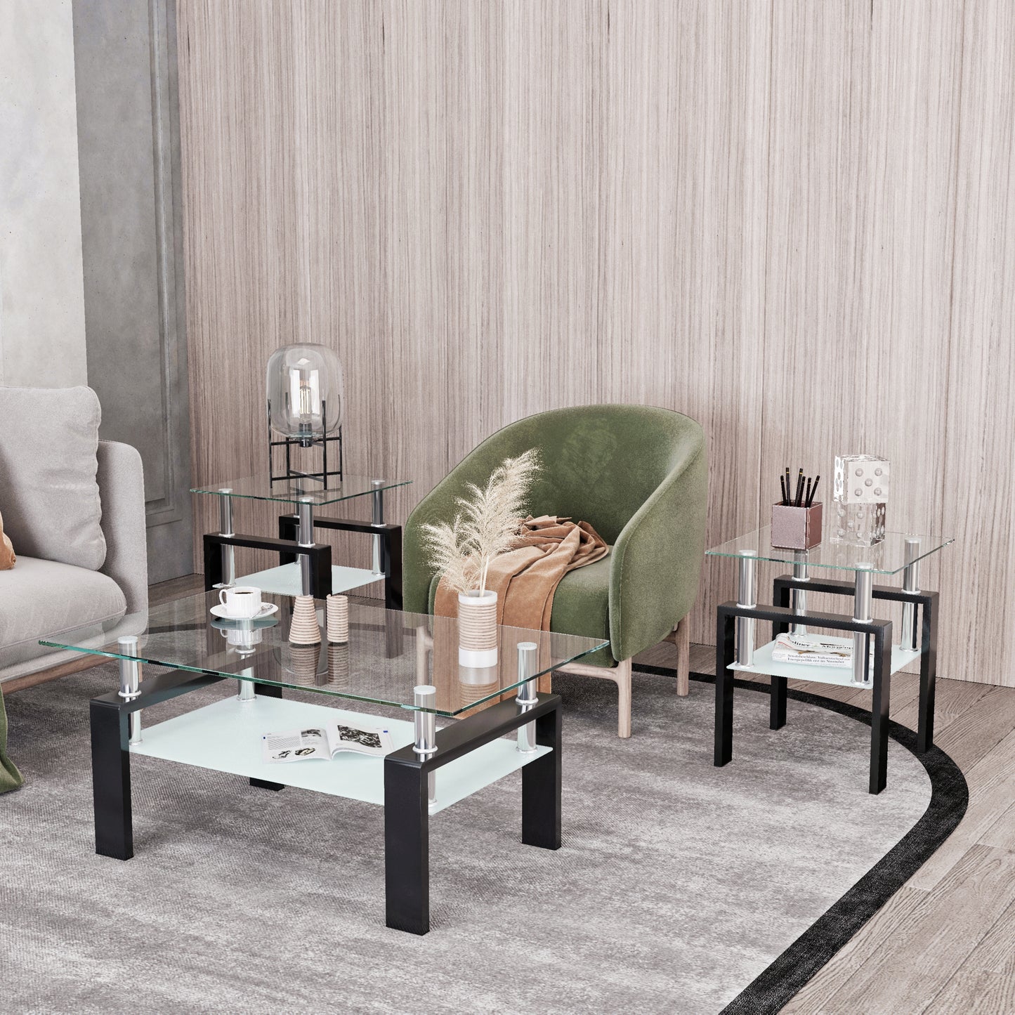 Lot de 2 tables basses modernes en verre trempé, table d'appoint carrée pour salon, transparentes/noires