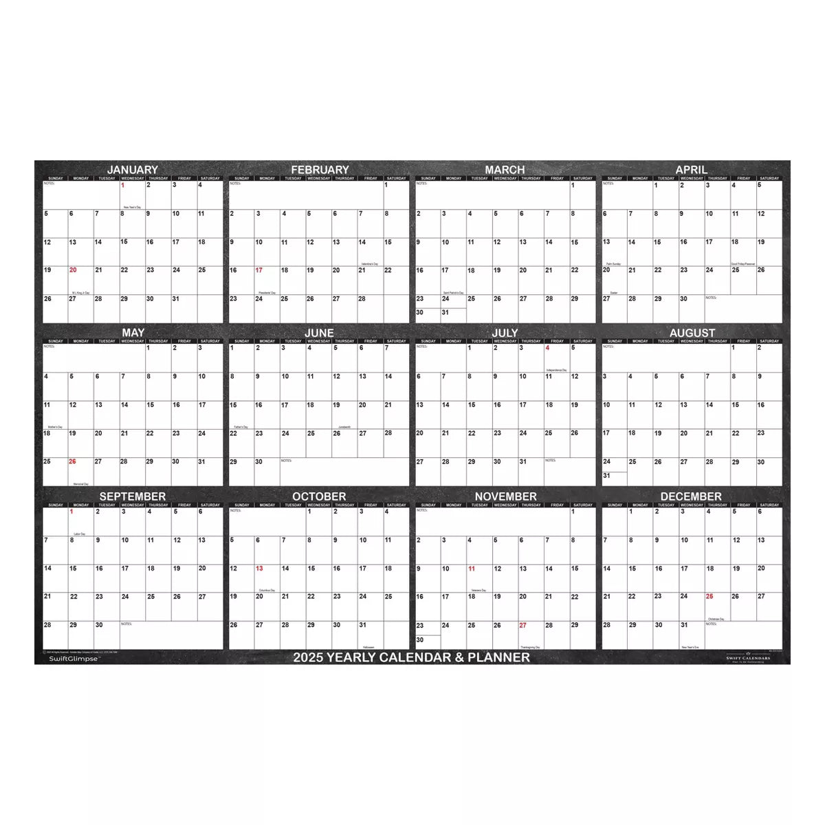 2025 Wall Calendar 24" x 36" Chalkboard Designer Series, Large SwiftGlimpse Erasable: Lay-Flat, Black Wash, All Ages