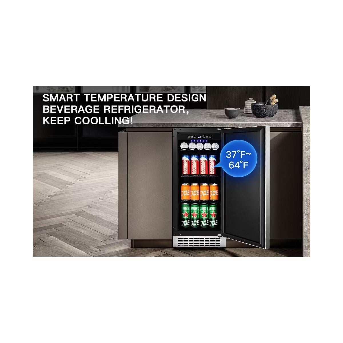 15-inch fridge,100 Cans,304 Stainless Steel Door,LED light,Adjustable shelves,Quiet Compressor,Smart digital control cooler,Automatic defrosting