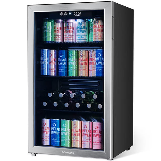 hOmelabs Beverage Refrigerator with Glass Door for Soda, Beer or Wine, 120-Can Capacity - Portable Mini Fridge and Cooler Machine for Office and Bars