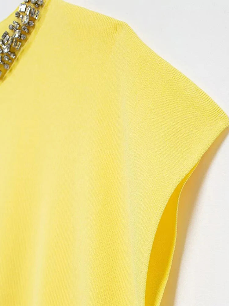 Versatile rhinestone bead solid color knitted top for women