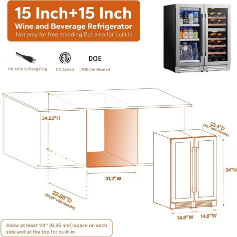 Ca'Lefort 15" Wine and Beverage Fridge Cooler Combo, Hold 80 Cans and 28 Bottles Freestanding & Built-in for Kitchen Office