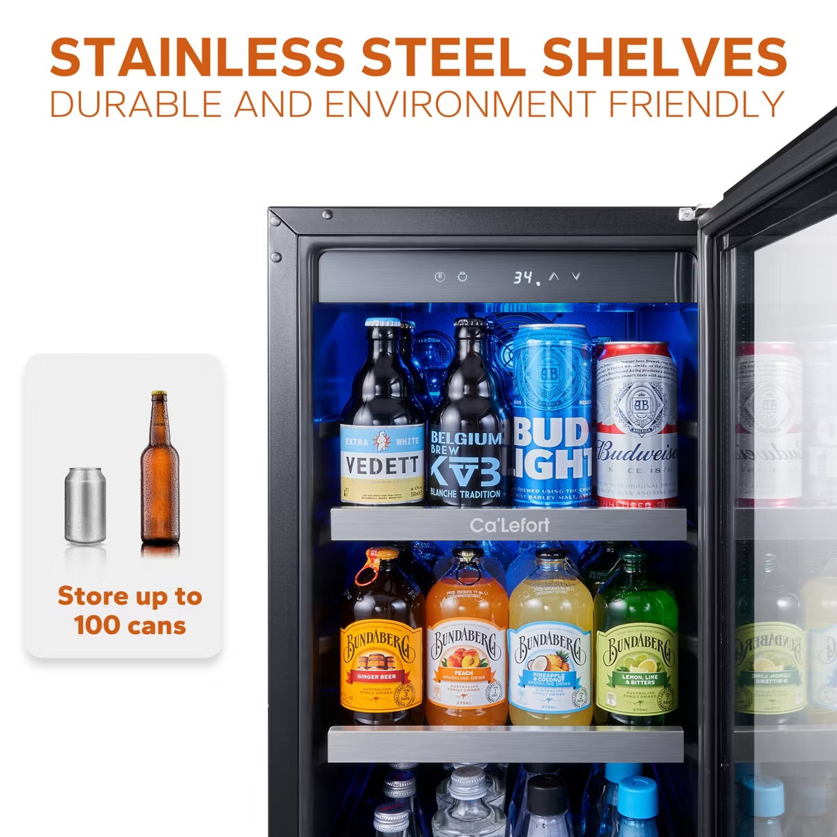 Ca'Lefort Beverage Cooler Refrigerator Soda Drink Mini Fridge 15 in. 100 Cans (12 oz.), Built-in or Freestanding Frost-Free