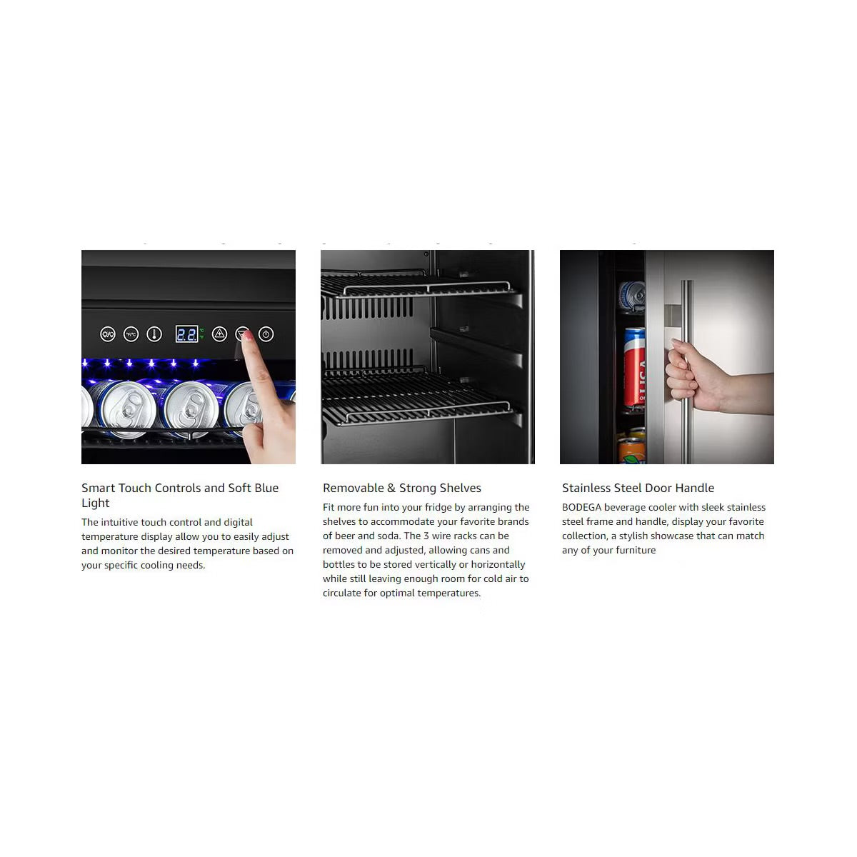15-inch fridge,100 Cans,304 Stainless Steel Door,LED light,Adjustable shelves,Quiet Compressor,Smart digital control cooler,Automatic defrosting