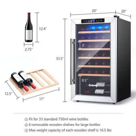 Costway 20 Inch Cooler Refrigerator for 33 Bottles with Tempered Glass Door