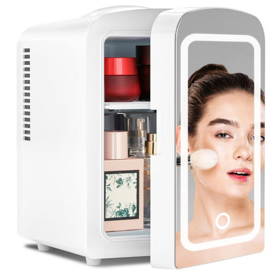 R.W.FLAME Makeup Compact Refrigerator with Mirror, Skin Care, for Bedroom, Car, Office & Dorm, Portable Small Cooler for Cosmetics, White