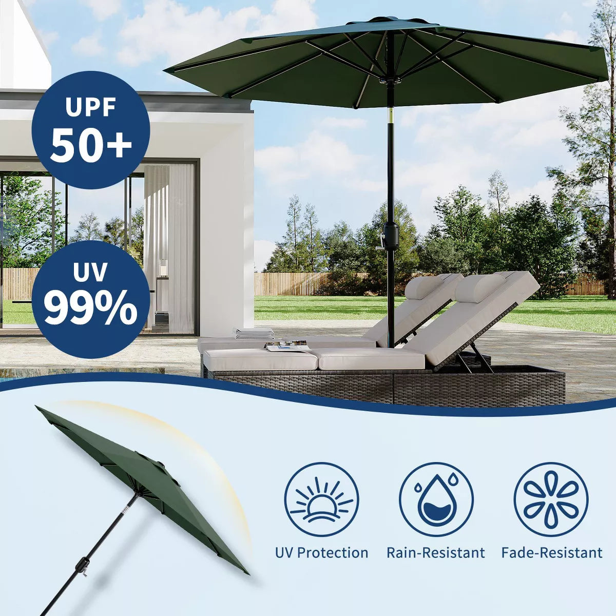 9' Outdoor Patio Umbrella, Outdoor Table Umbrella, Yard Umbrella, Market Umbrella with 8 Sturdy Ribs, Push Button Tilt and Crank