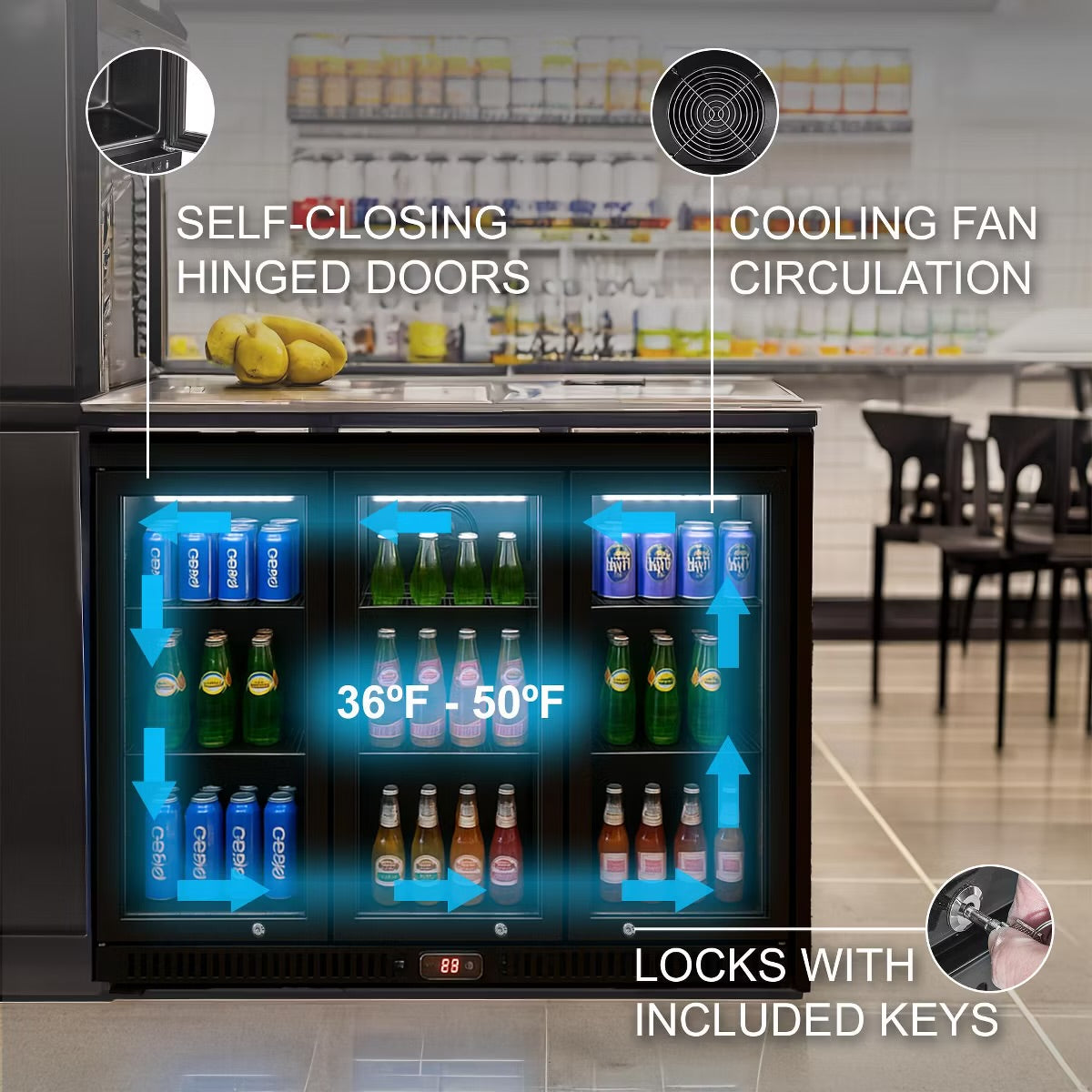 VITLIFE Back Bar Cooler with 3 Glass Doors, Counter-Height Beverage Refrigerator, 11.6 Cu.Ft., Commercial Fridge with LED Lighting & Self-Close Doors