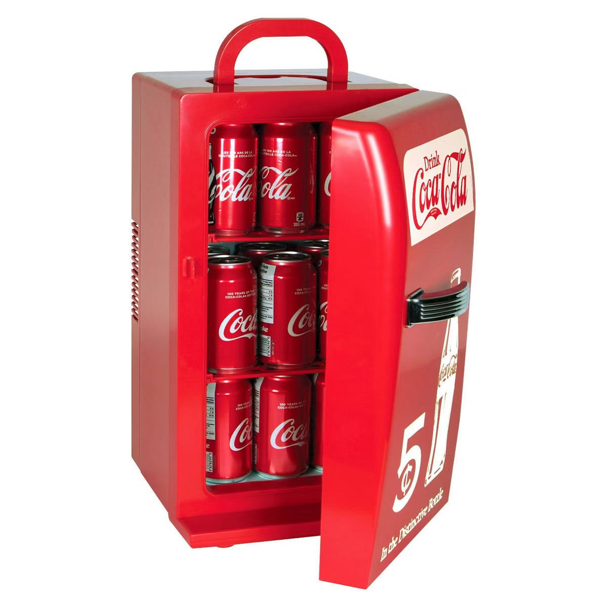 Coca-Cola 18 Can Retro Mini Fridge 12V DC 110V AC Cooler 5.4L: Thermoelectric Beverage Refrigerator, Adjustable Shelf