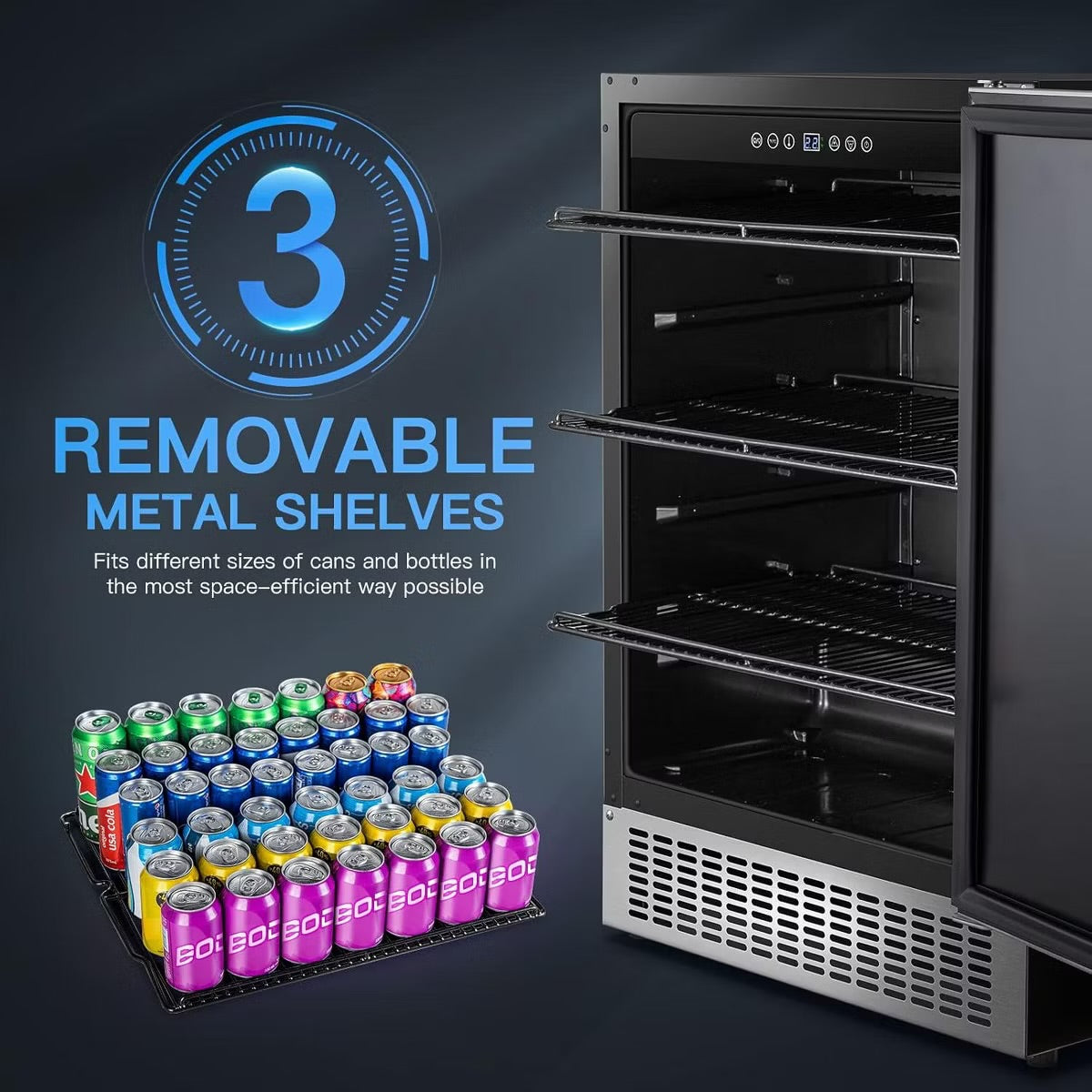24-inch fridge,180 Cans,304 Stainless Steel Door,LED light,Adjustable shelves,Quiet Compressor,Smart digital control cooler,Automatic defrosting