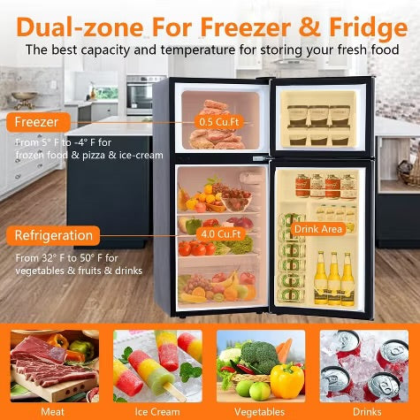 4.5 Cu.Ft Mini Fridge with Freezer – Double-Door Compact Refrigerator w/ 5-Temp Adjustable Thermostat