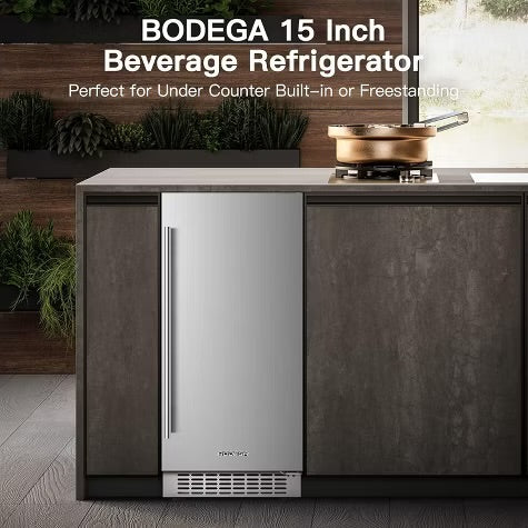 15-inch fridge,100 Cans,304 Stainless Steel Door,LED light,Adjustable shelves,Quiet Compressor,Smart digital control cooler,Automatic defrosting