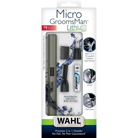 Wahl Lithium Ion Micro Groomsman 2-in-1 Cordless Battery Eyebrow and Nose Trimmer for Men with Rinseable Heads