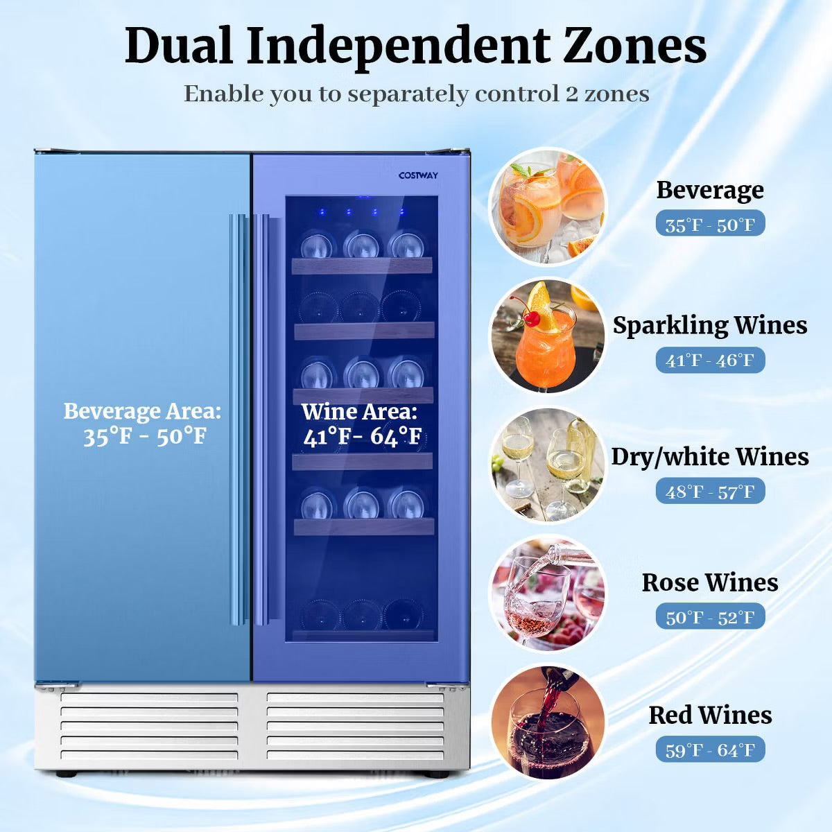 Costway 2-in-1 Beverage and Cooler Free-standing & Built-in Dual Zones Fridge