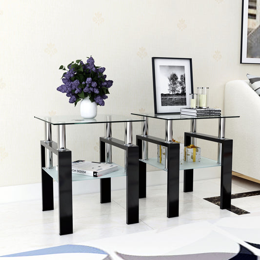 Lot de 2 tables basses modernes en verre trempé, table d'appoint carrée pour salon, transparentes/noires