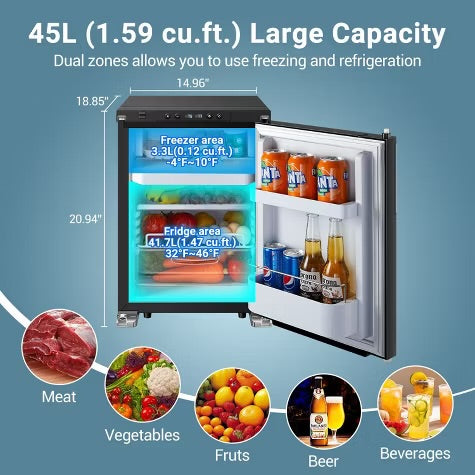 45L RV Refrigerator, 12 Volt Dual Zone Fridge and Freezer, WIFI APP Control Portable Fridge with Door Lock,3 levels (H/M/L) of battery protection
