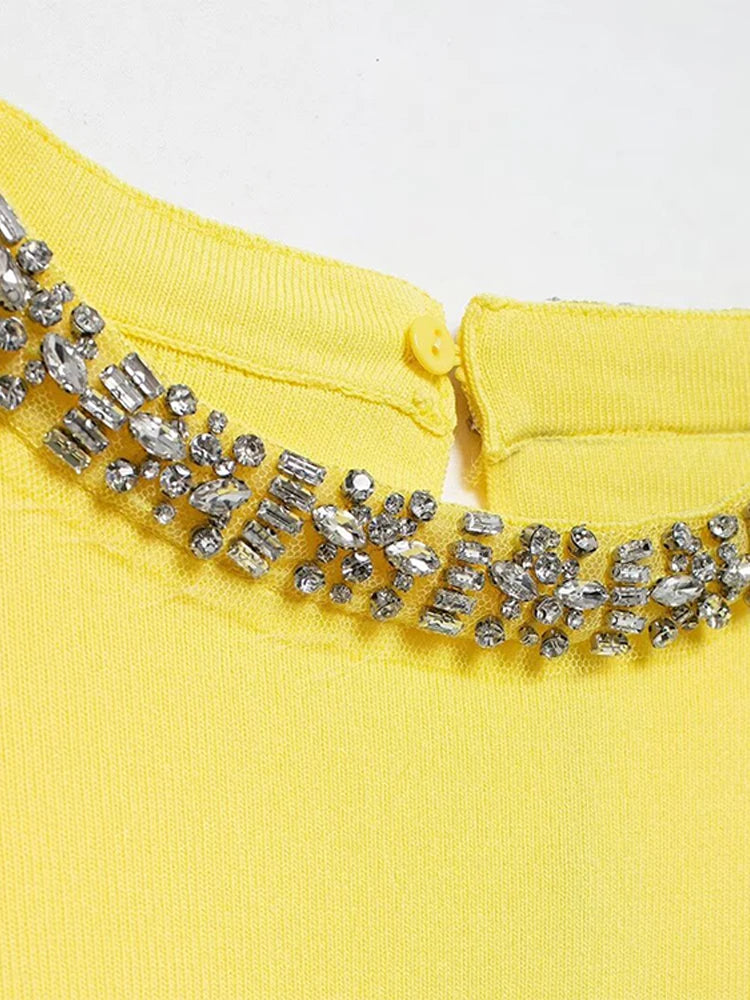 Versatile rhinestone bead solid color knitted top for women