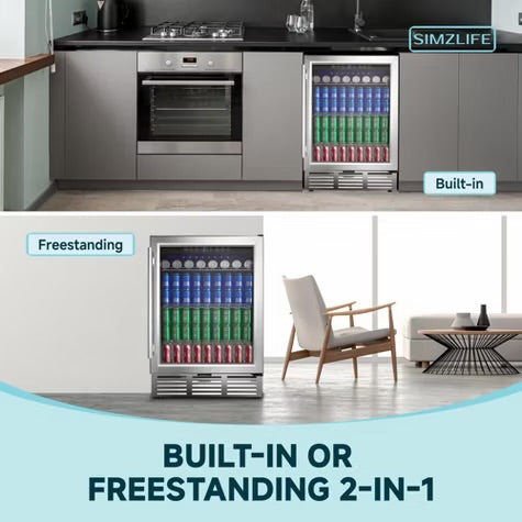 Simzlife 4.65 Cu.Ft/180 Cans Mini Beverage Refrigerator, Fridge Cooler with Glass Door, Adjustable Shelves, Digital Control,LED Light, Reversible Door