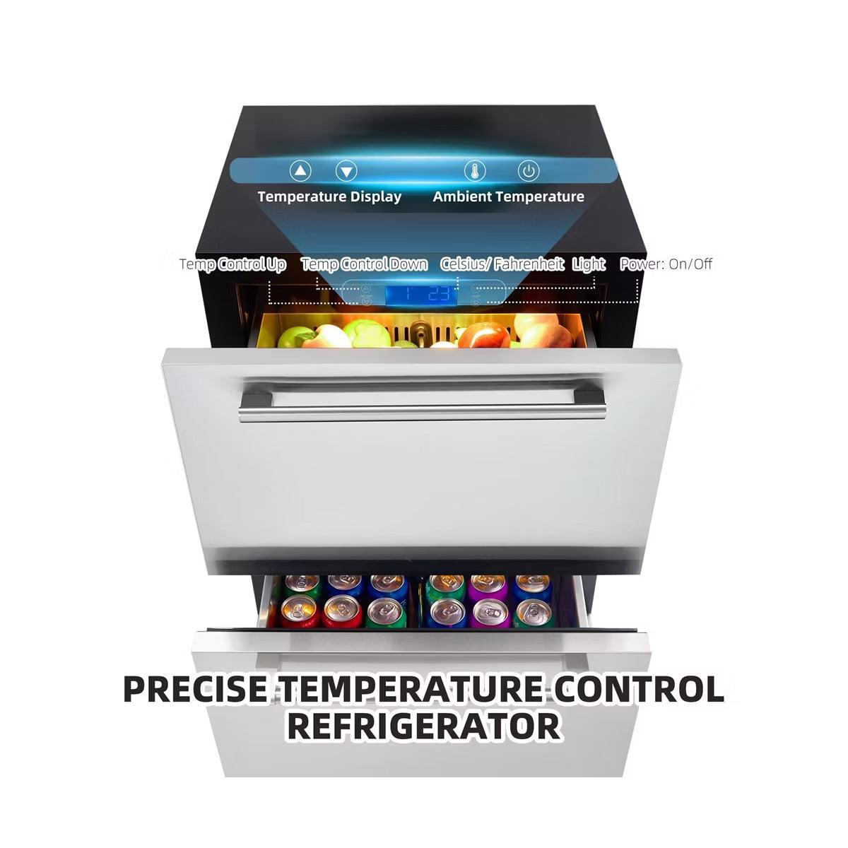 24 Inch Outdoor Drawer Fridge, Counter Double Drawer Beverage Refrigerator