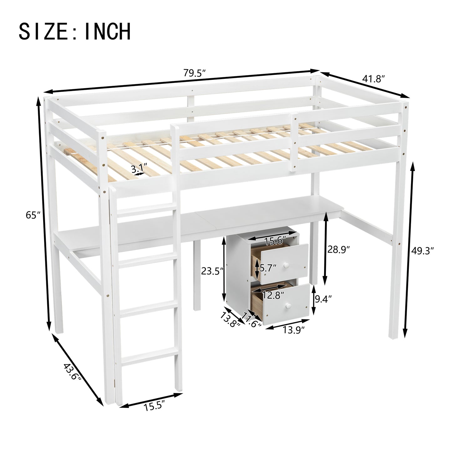 Twin Loft Wood Bed with Under-bed, Built-in Desk, a Storage Cabinet of 2 Drawers, Guardrails, Ladder,White