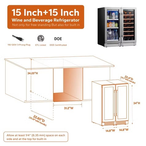 Ca'Lefort 15" Wine Fridge and 15" Beverage Fridge Combo, Hold 80 Cans and 33 Bottles Wine Cooler Freestanding & Built-in