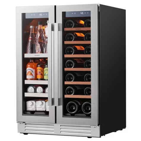 Ca'Lefort 24" dual-zone wine/beverage fridge, holds 60 cans/20 bottles, glass door, 3 LED lights, adjustable shelves, 4.1 cu.ft