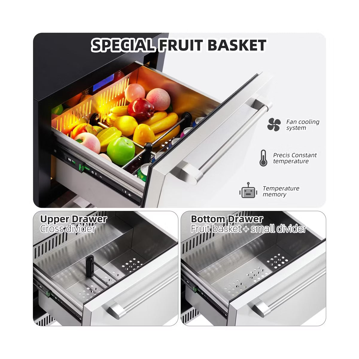24 Inch Outdoor Drawer Fridge, Counter Double Drawer Beverage Refrigerator