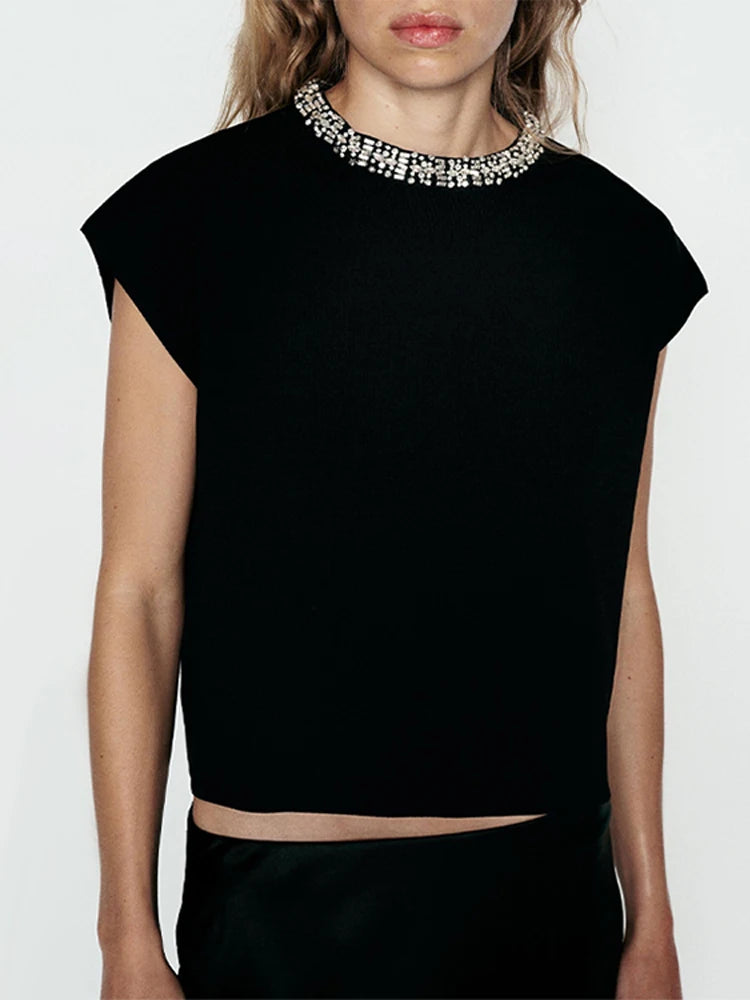 Versatile rhinestone bead solid color knitted top for women