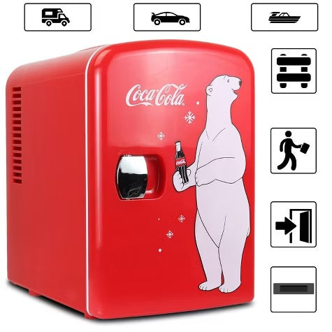 Coca-Cola Polar Bear 4L Cooler/Warmer 12V DC 110V AC Mini Fridge - Red: Thermoelectric Dorm Refrigerator, 6 Can Capacity