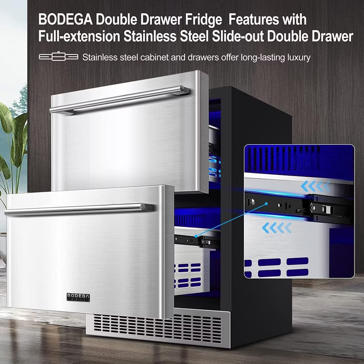 24-inch fridge,149 Cans,Stainless Steel Door,LED light,Adjustable shelves,Quiet Compressor,Double Drawer Cooler,Air Defrost System