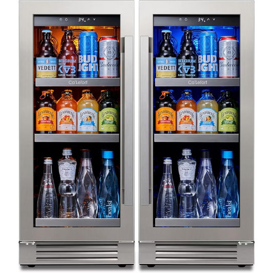 Ca'Lefort Dual 15" Single Zone Beverage Refrigerator Cooler Combo - 30 Inch Beverage Fridge Glass Door Built-in or Freestanding for Home/Kitchen