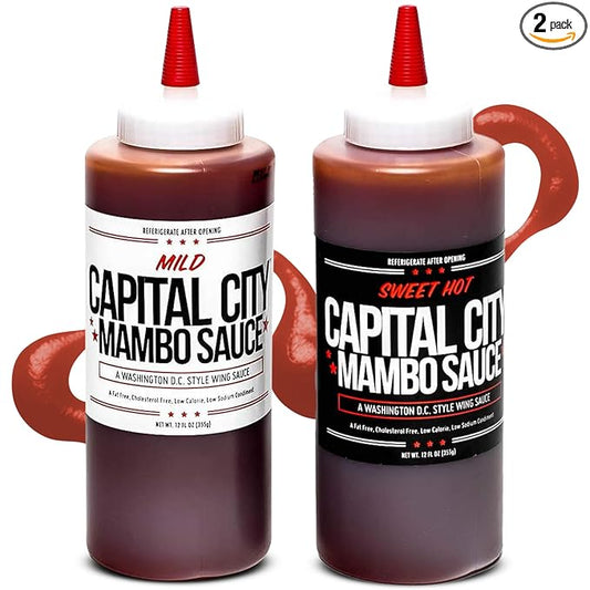Capital City Mambo Sauce Sweet Hot & Mild Variety 2pk | Washington DC Wing Sauces | Perfect Condiment Topping for Wings, Chicken, Pork, Beef, Seafood, Burgers, Rice or Noodles | 12 oz Bottles (2 Pack)