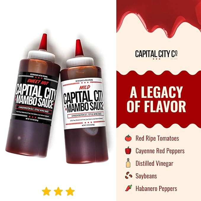 Capital City Mambo Sauce Sweet Hot & Mild Variety 2pk | Washington DC Wing Sauces | Perfect Condiment Topping for Wings, Chicken, Pork, Beef, Seafood, Burgers, Rice or Noodles | 12 oz Bottles (2 Pack)