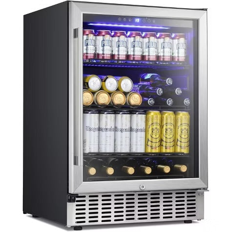 R.W.FLAME 24 Inch Beverage Fridge with Clear Glass Door, Digital Memory Temperature Control, for Cans and Soda, LED Lighting, Quiet Operation
