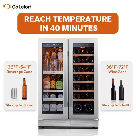 Ca'Lefort 24" dual-zone wine/beverage fridge, holds 60 cans/20 bottles, glass door, 3 LED lights, adjustable shelves, 4.1 cu.ft
