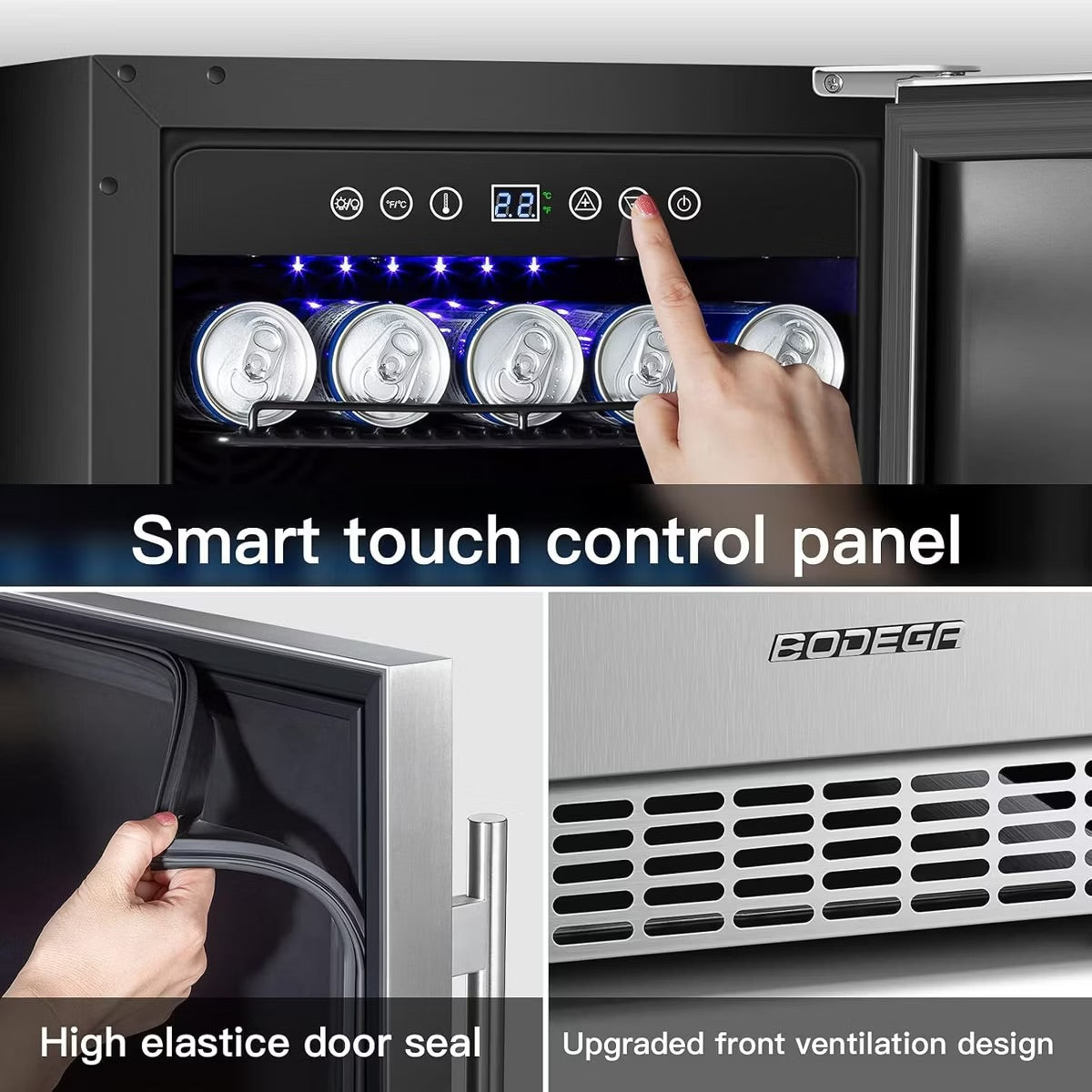 15-inch fridge,100 Cans,304 Stainless Steel Door,LED light,Adjustable shelves,Quiet Compressor,Smart digital control cooler,Automatic defrosting