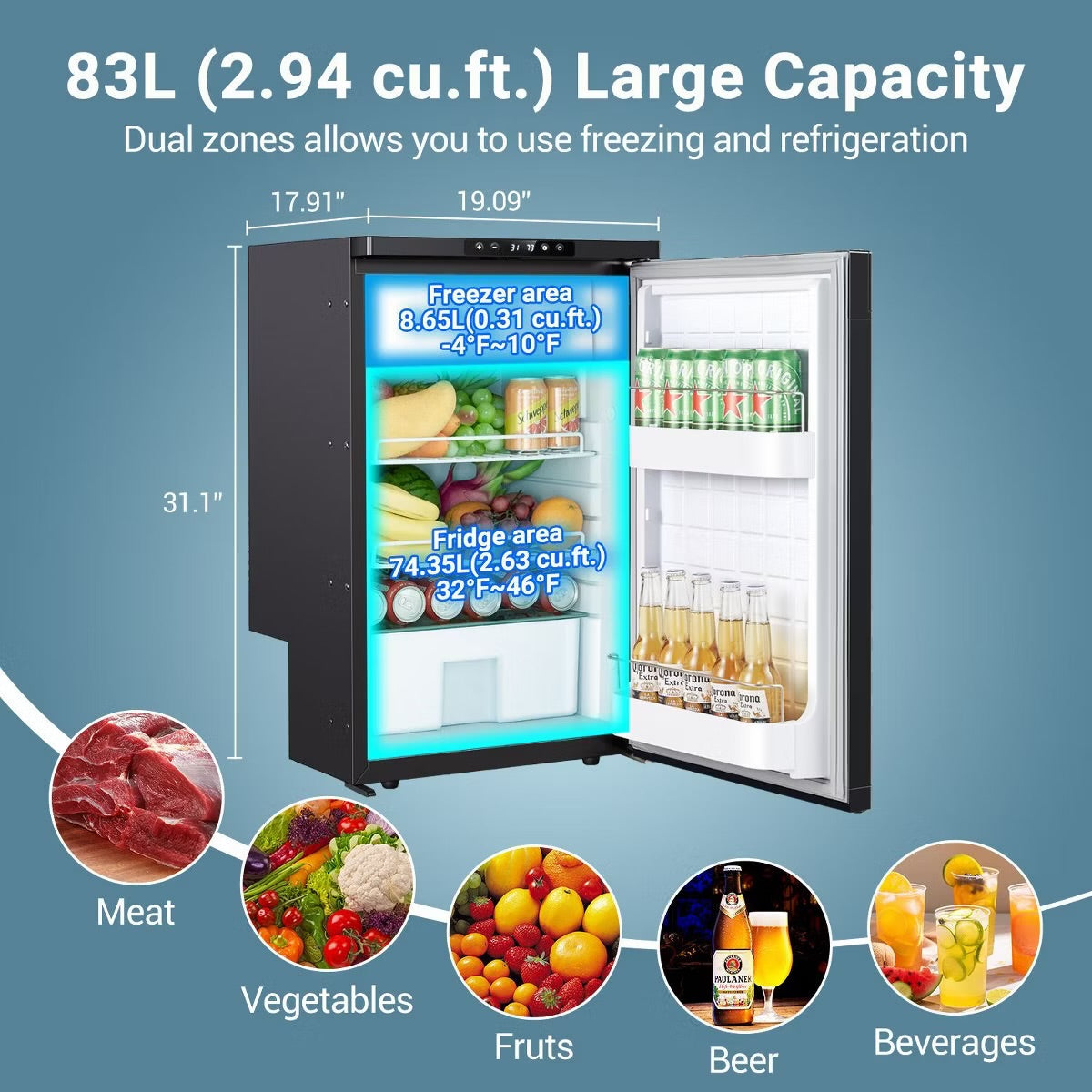83L Dual Zone Fridge and Freezer, RV Refrigerator with WIFI APP Control, 12 Volt Portable Fridge with Door Lock,3 levels (H/M/L) of battery protection