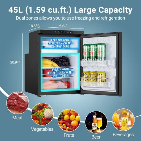 45L RV Refrigerator,APP Control,Refrigeration range (-4℉-46℉),3 levels((H/M/L)) of battery protection, mini fridge for camping, picnics, road trips