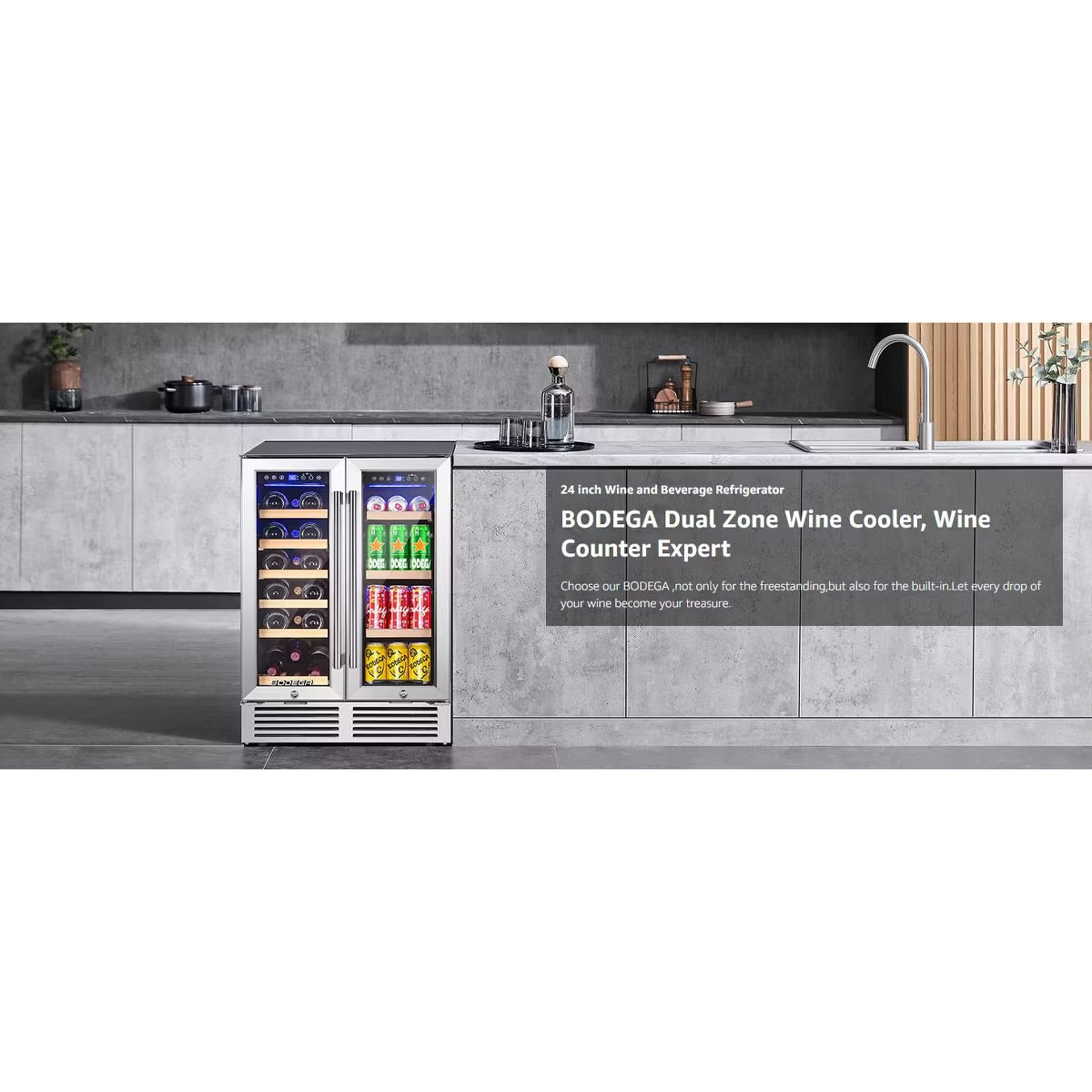 24-inch refrigerator, dual zone cooler, fridge holds 19 bottles and 57 cans,LCD screen control,Fan circulation system,Double glazed glass door