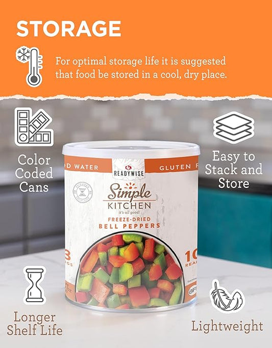 READYWISE - Simple Kitchen, Freeze-Dried Bell Peppers, 153 SERVINGS, MRE, Gluten Free, Bell Peppers, Green and, Red Bell Pepper, Canned Vegetables, Freeze Dried Food, Camping, Survival Food, 10 Can