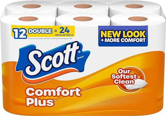 Scott ComfortPlus Toilet Paper, 12 Double Rolls, 231 Sheets per Roll, Septic-Safe, 1-Ply Toilet Tissue, 12 Count (Pack of 1)