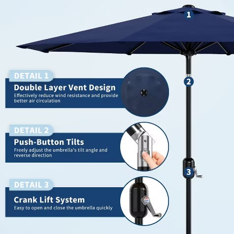 9' Outdoor Patio Umbrella, Outdoor Table Umbrella, Yard Umbrella, Market Umbrella with 8 Sturdy Ribs, Push Button Tilt and Crank