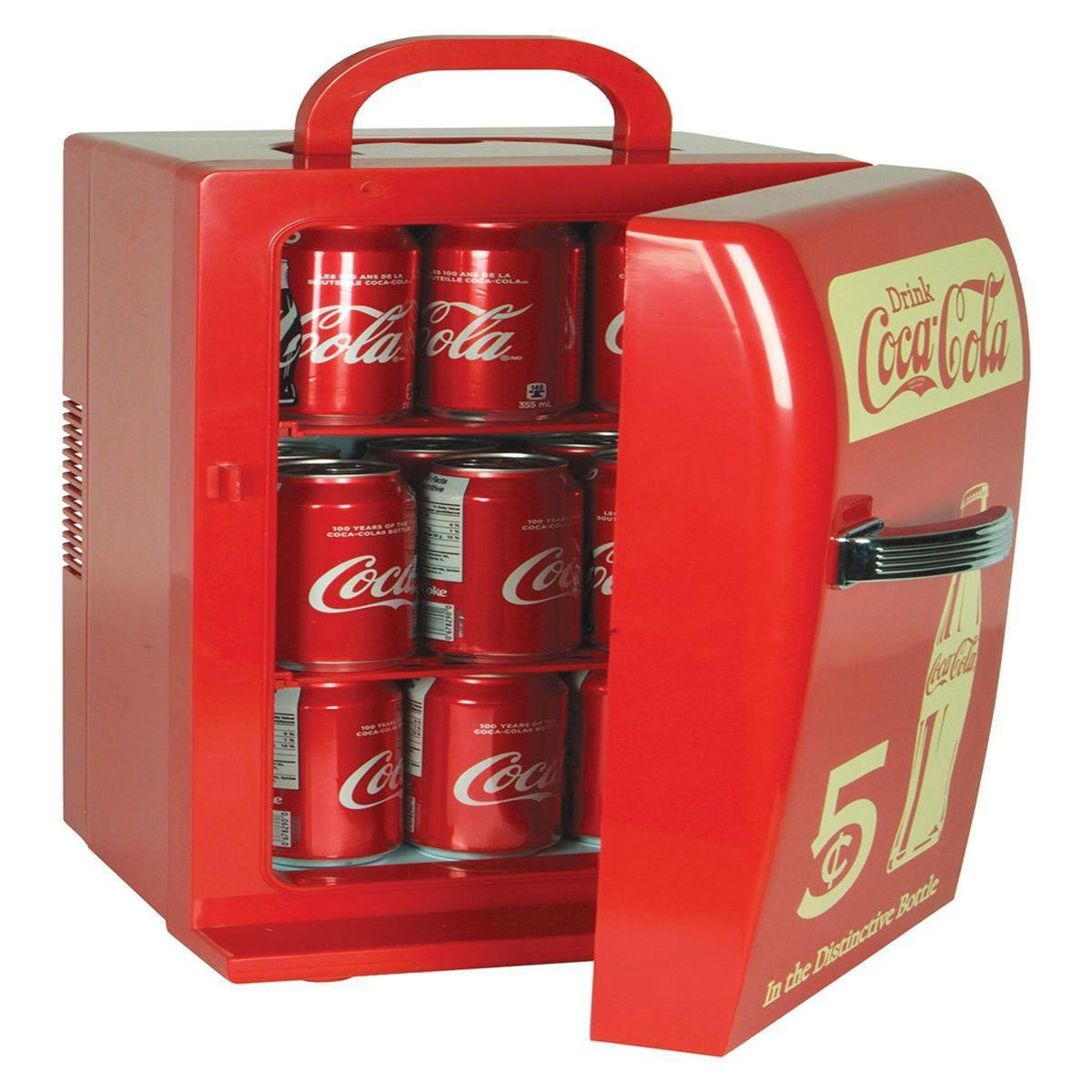 Coca-Cola 18 Can Retro Mini Fridge 12V DC 110V AC Cooler 5.4L: Thermoelectric Beverage Refrigerator, Adjustable Shelf