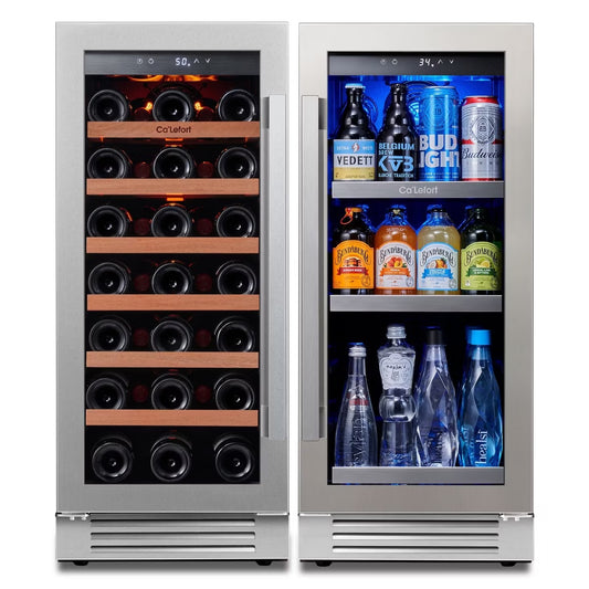 Ca'Lefort 15" Wine Fridge and 15" Beverage Fridge Combo, Hold 80 Cans and 33 Bottles Wine Cooler Freestanding & Built-in