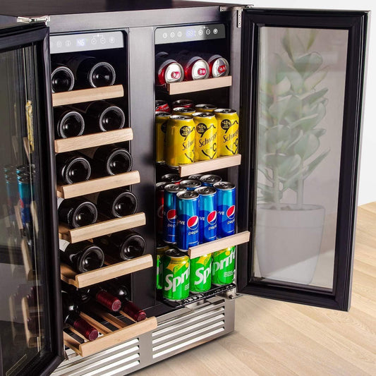 24-inch refrigerator, dual zone cooler, fridge holds 19 bottles and 57 cans,LCD screen control,Fan circulation system,Double glazed glass door